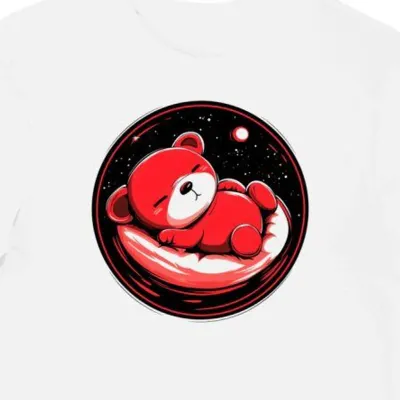 Koszulka męska biała z nadrukiem Rilakkuma w czerwonym stylu