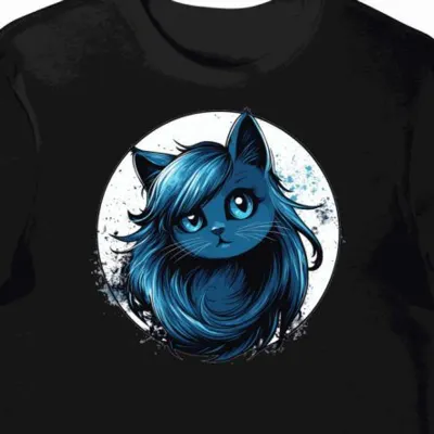 Koszulka męska czarna z motywem niebieskiego kotka Kawaii