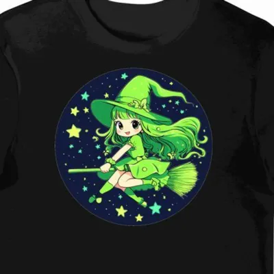 Koszulka męska czarna z motywem zielonej miotły kawaii
