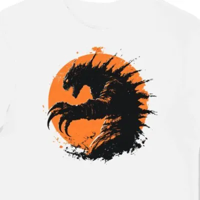 Koszulka męska biała z motywem pomarańczowego Godzilla szpona