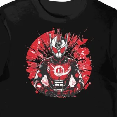 Koszulka męska czarna z nadrukiem bohatera w stylu tokusatsu