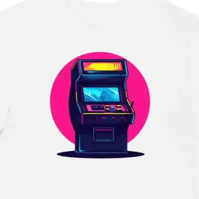 Koszulka męska biała z nadrukiem futurystycznego żetonu arcade