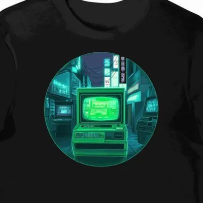 Koszulka męska czarna z motywem zielonych neonów arcade