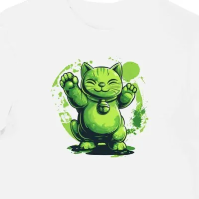 Koszulka męska biała z nadrukiem zielonego Maneki Neko 9331