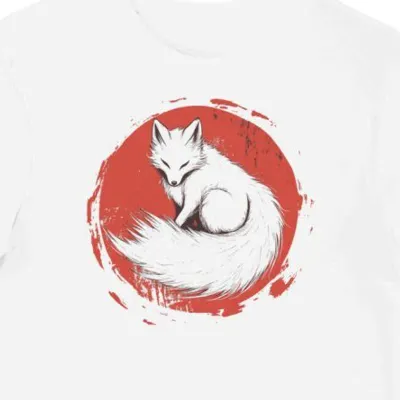 Koszulka męska biała z motywem artystycznym ogona kitsune