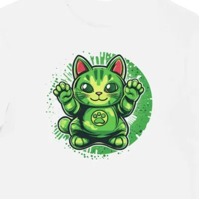 Koszulka męska biała z nadrukiem zielonego Maneki Neko 9331