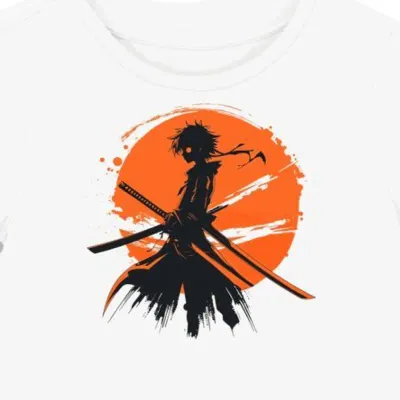 Koszulka damska biała z grafiką pomarańczowego miecza anime