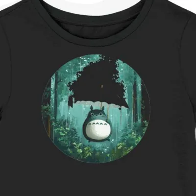 Koszulka damska czarna z grafiką Totoro i liściem