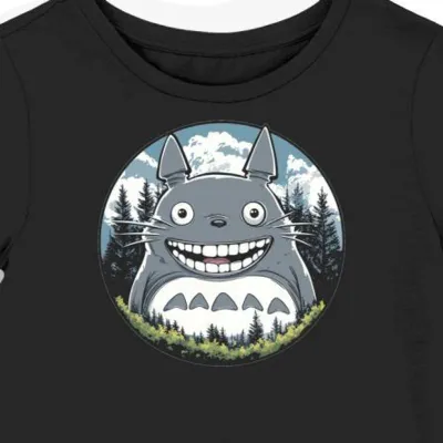 Koszulka damska czarna z motywem uśmiechu Totoro