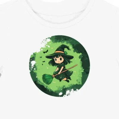 Koszulka damska biała z nadrukiem kawaii latającej miotły