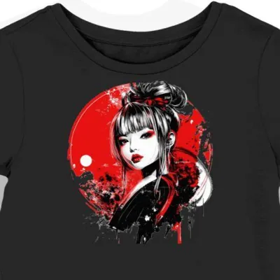 Koszulka damska czarna z nadrukiem japońskiego stylu Harajuku