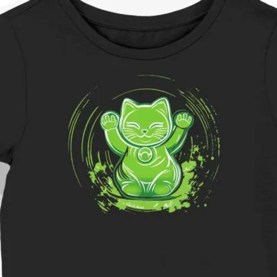 Koszulka damska czarna z motywem zielonego Maneki Neko 9331