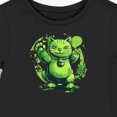 Koszulka damska czarna z motywem zielonego kotka maneki-neko