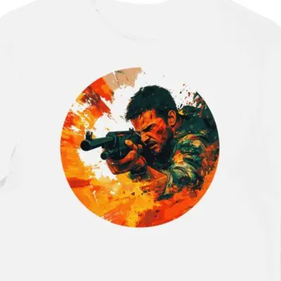 Koszulka męska biała z nadrukiem The Expendables 4 w kamuflażu