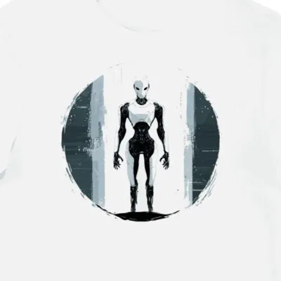 Koszulka męska biała z nadrukiem futurystycznego androida