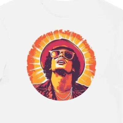 Koszulka męska biała z nadrukiem Bruno Mars i czerwonego funku
