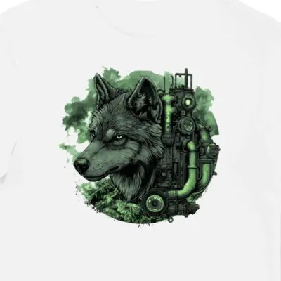 Koszulka męska biała z motywem steampunkowych wilków