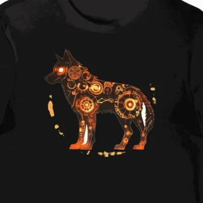 Koszulka męska czarna z nadrukiem wilków w stylu steampunk