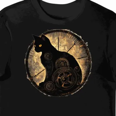 Koszulka męska czarna z motywem steampunkowego kota