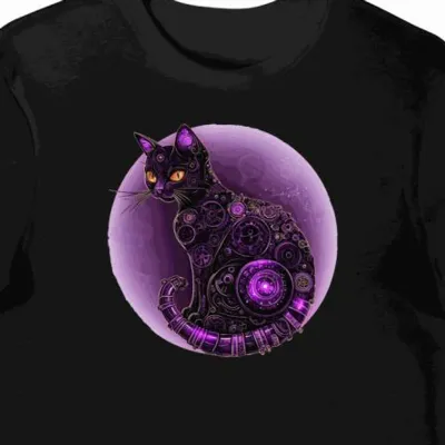 Koszulka męska czarna z motywem purpurowego kota steampunk