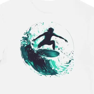 Koszulka męska biała z nadrukiem futurystycznej sztuki surfingu