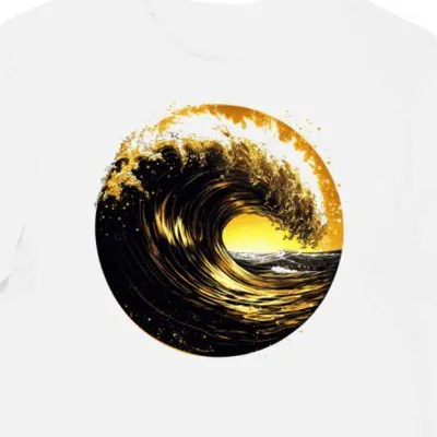 Koszulka męska biała z nadrukiem złotych fal surfing