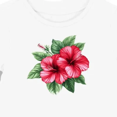 Koszulka damska biała z nadrukiem tropikalnym hibiskusa