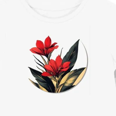 Koszulka damska biała z nadrukiem tropikalnych czerwonych kwiatów