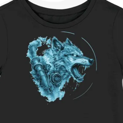 Koszulka damska czarna z nadrukiem wilka w steampunkowym stylu