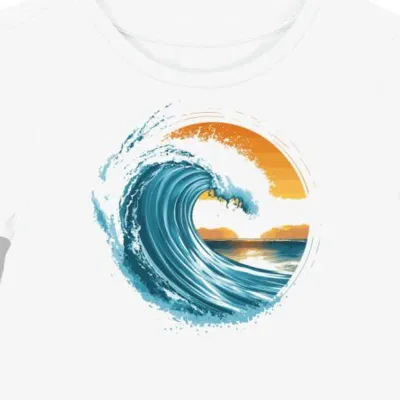 Koszulka damska biała z nadrukiem surferskiego grzbietu fali