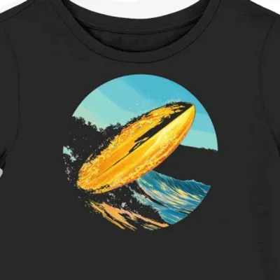 Koszulka damska czarna z nadrukiem surferskiego złotego flow