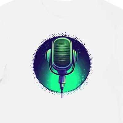 Koszulka męska biała z nadrukiem mikrofon streamingowy