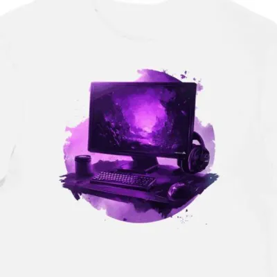Koszulka męska biała z nadrukiem purpurowym monitorem