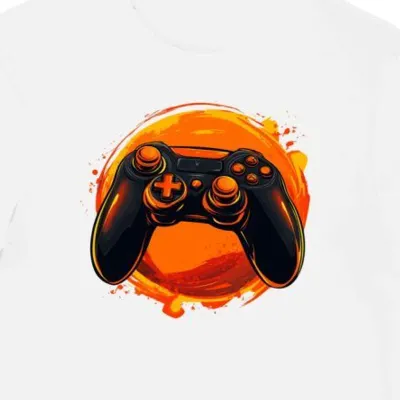 Koszulka męska biała z grafiką pomarańczowego joysticka
