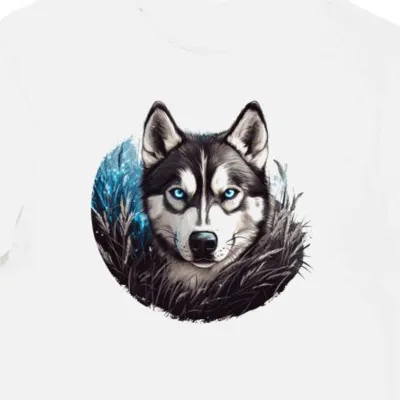 Koszulka męska biała z grafiką spojrzenia niebieskich oczu husky