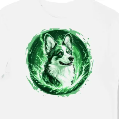 Koszulka męska biała z motywem zielonego psa Corgi