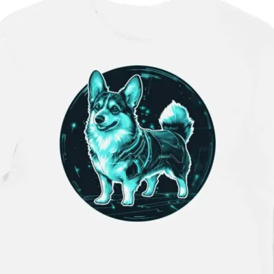 Koszulka męska biała z motywem futurystycznego Corgi