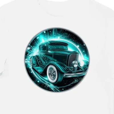 Koszulka męska biała z nadrukiem samochodu Hot Rod