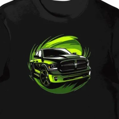 Koszulka męska czarna z motywem zielonego Dodge Ram