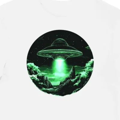 Koszulka męska biała z nadrukiem zielonego talerza UFO