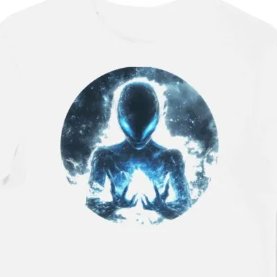Koszulka męska biała z nadrukiem niebieskiego bytu
