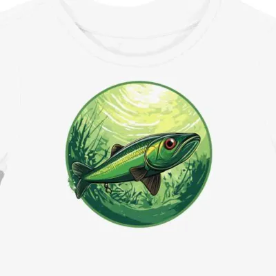 Koszulka damska biała z grafiką zielonego wędkarskiego wabika
