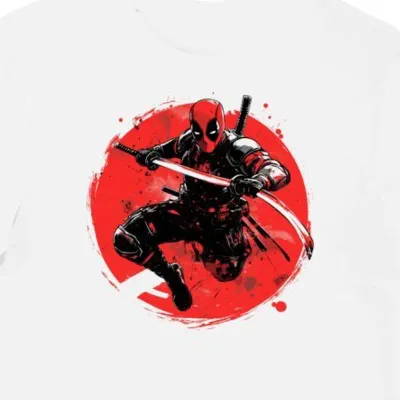 Koszulka męska biała z nadrukiem Deadpool z katanami