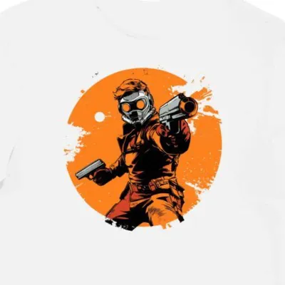 Koszulka męska biała z motywem StarLord i blasterami