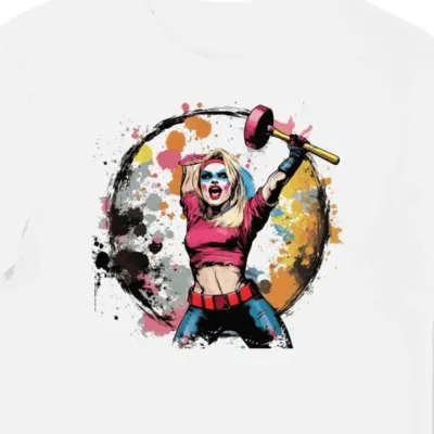 Koszulka męska biała z motywem Harley Quinn i młotem