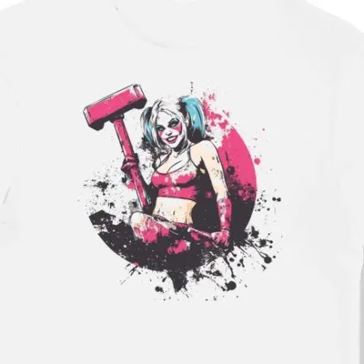 Koszulka męska biała z motywem Harley Quinn i młotkiem
