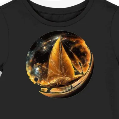 Koszulka damska czarna z nadrukiem złotych żaglowców kosmicznych