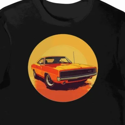 Koszulka męska czarna z nadrukiem pomarańczowego Dodge Chargera