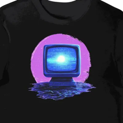 Koszulka męska czarna z motywem niebieskiego monitora CRT
