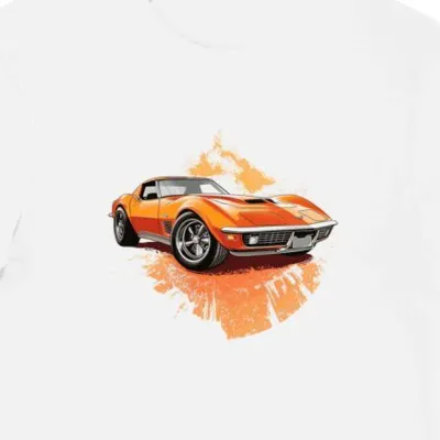 Koszulka męska biała z grafiką pomarańczowego Corvette Stingray